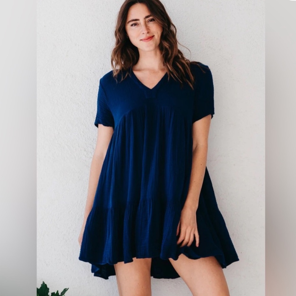 9seed El Matador Dress Ruffle Tier Mini Dress Gauze Cotton Navy Blue Medium